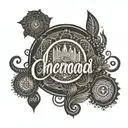 Create a tattoo featuring an ambigram with the words "Chennai" and "Madras", with cityscapes in a mandala design tattoo design idea