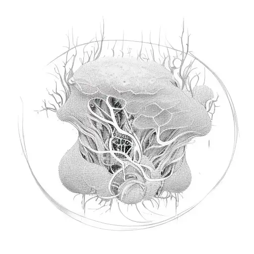 Generate a digital art representation of a tattoo sleeve design combining elements of a mycelium network, various types  tattoo design idea