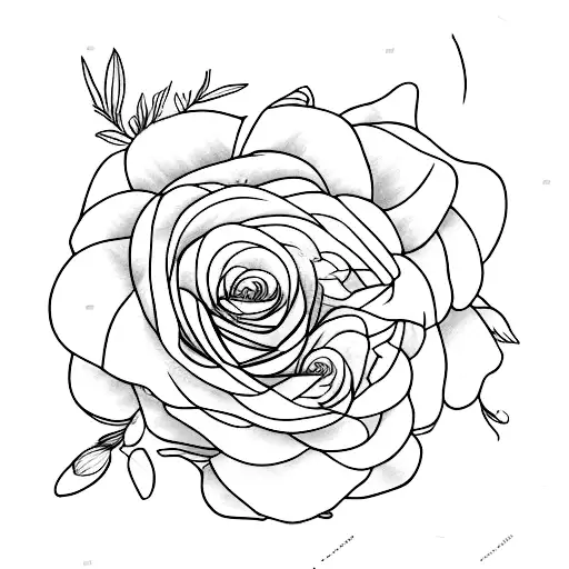 Flower portrait containing Aster, Merigold, Rose, Violet, and Larkspur tattoo design idea
