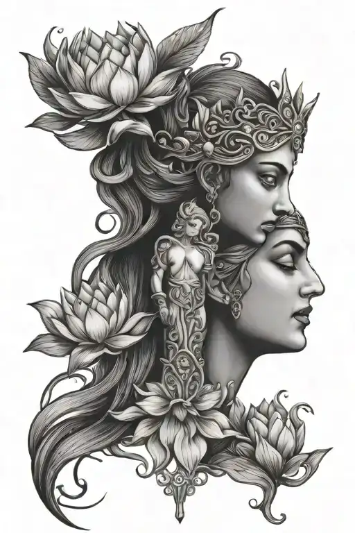 lotus flowers intertwining Athena the Greek Goddess and Atlas the Greek God tattoo design idea