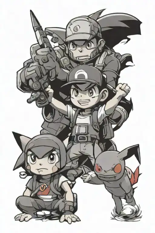 team rocket looking down at ash and pikachu ready to battle  tattoo design idea