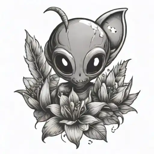 cute alien and flowers tattoo design idea