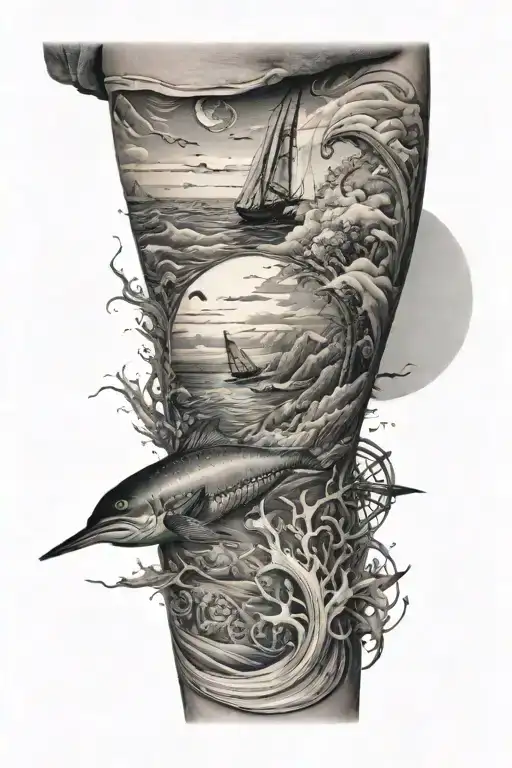 ocean theme sleeve with the bottom of the ocean on the wrist and the beach on the shoulder tattoo design idea
