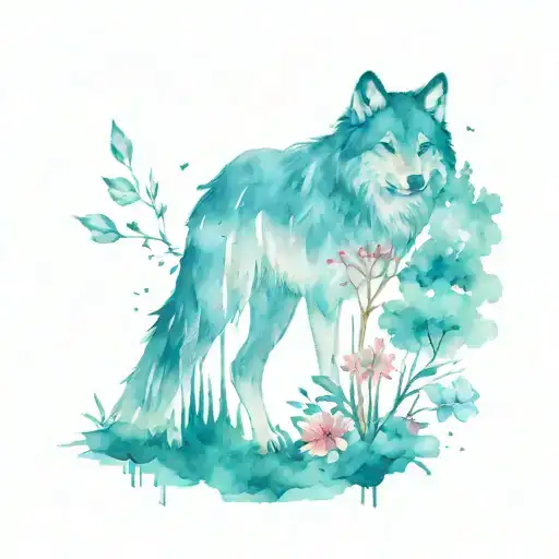wolf, trees, woodpecker, flowers tattoo design idea