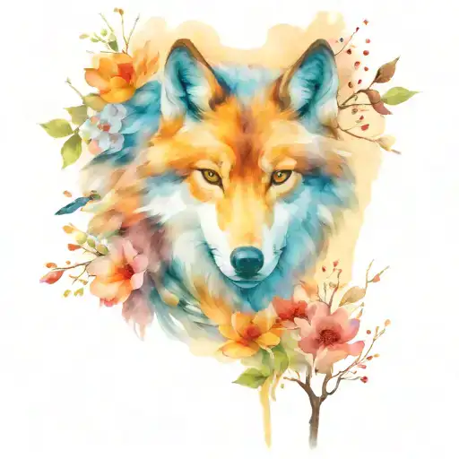 wolf, flowers, woodpecker bird in tree tattoo design idea