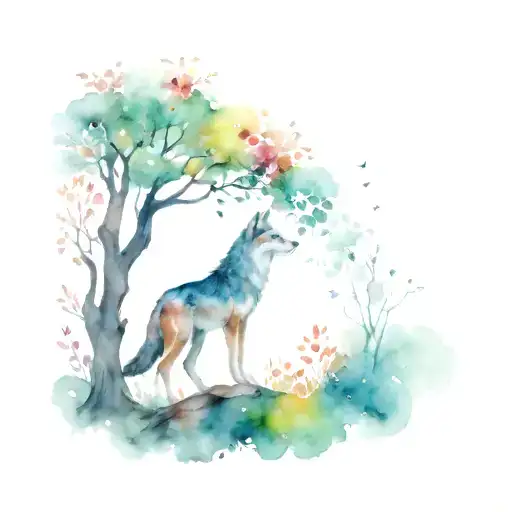wolf, flowers, woodpecker in tree tattoo design idea