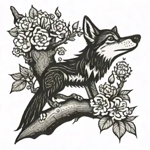 wolf, flowers, woodpecker in tree tattoo design idea