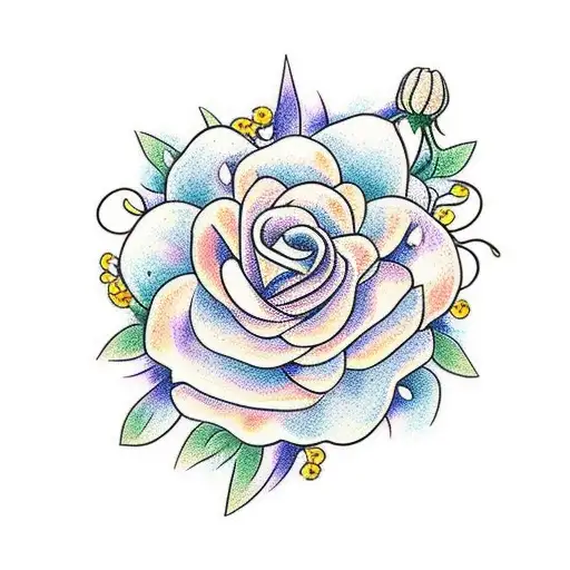 flower bouquet that has a chrysanthemum string of pearls, a rose, a daisy, a daffodil, and a hydrangea tattoo design idea