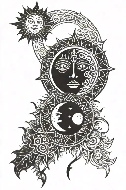 A celestial-themed tattoo featuring the waxing gibbous moon and the sun in a tribal style tattoo design idea