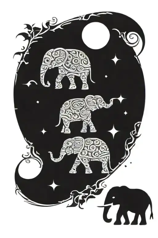 An intricate tribal design incorporating elements of elephants and the waxing gibbous moon tattoo design idea