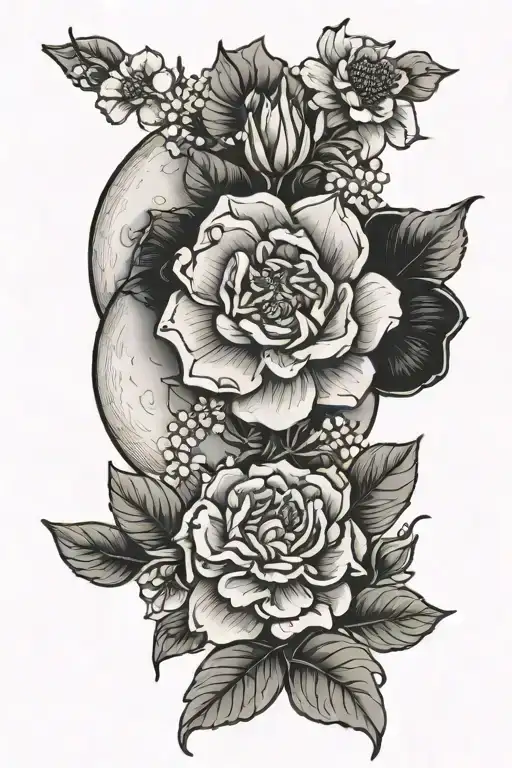 waxing gibbous moon phase with february birth flower tattoo design idea