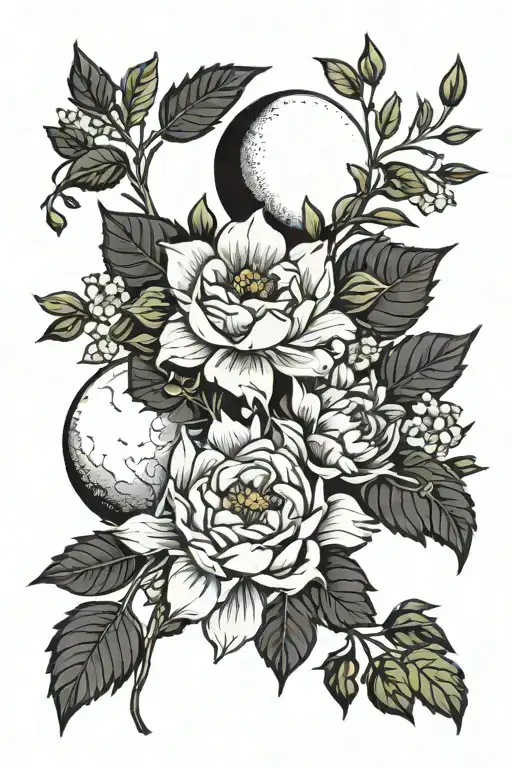 waxing gibbous moon phase with february birth flower  tattoo design idea