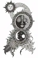 A celestial-themed tattoo featuring the waxing gibbous moon and the sun in a tribal style tattoo design idea