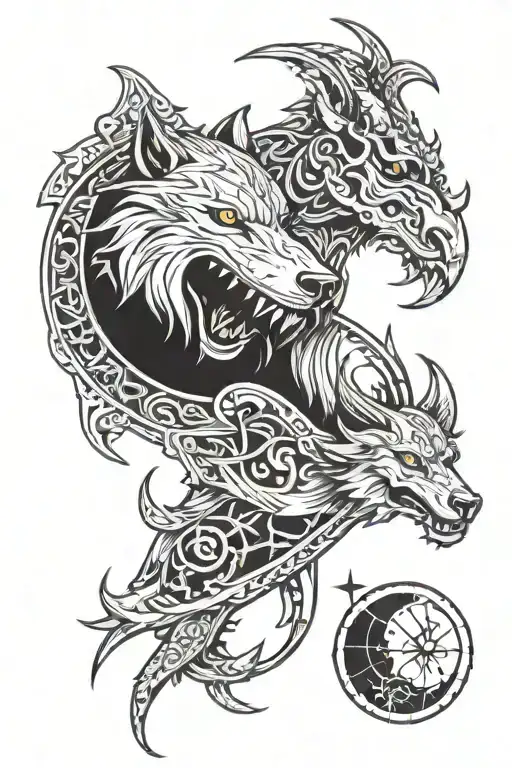 Vi from arcane tipe tatoo design but with skoll and hati from norse mythology instead of the seam tattoo design idea