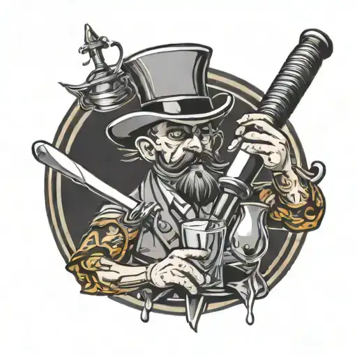 A bartender juggling cocktail shakers with swords instead of bottles tattoo design idea