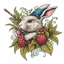 light grey bunny with blue eyes holding a magician wand and surrounded by ferns and raspberry and blackberry leaves  tattoo design idea