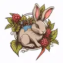 light grey bunny with blue eyes holding a magician wand and surrounded by ferns and raspberry and blackberry leaves  tattoo design idea