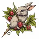 light grey bunny with blue eyes holding a magician wand and surrounded by ferns and raspberry and blackberry leaves  tattoo design idea