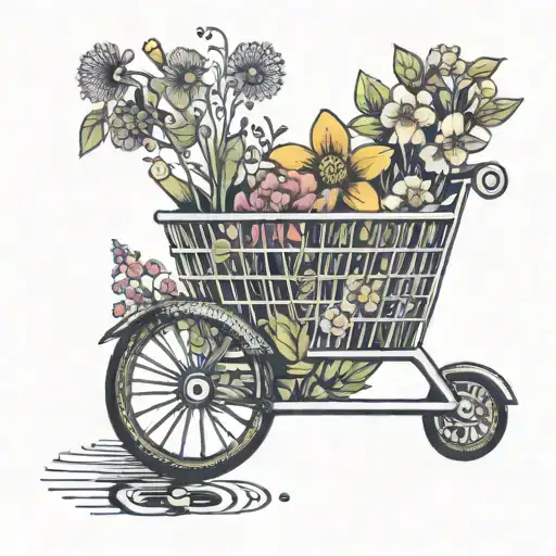 A shopping cart filled with colorful flowers being pushed by a biker tattoo design idea