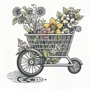 A shopping cart filled with colorful flowers being pushed by a biker tattoo design idea