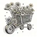 A shopping cart filled with colorful flowers being pushed by a biker tattoo design idea