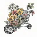 A shopping cart filled with colorful flowers being pushed by a biker tattoo design idea