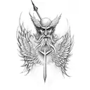 man with wings ones is angel and devil and a trident in a hand  tattoo design idea