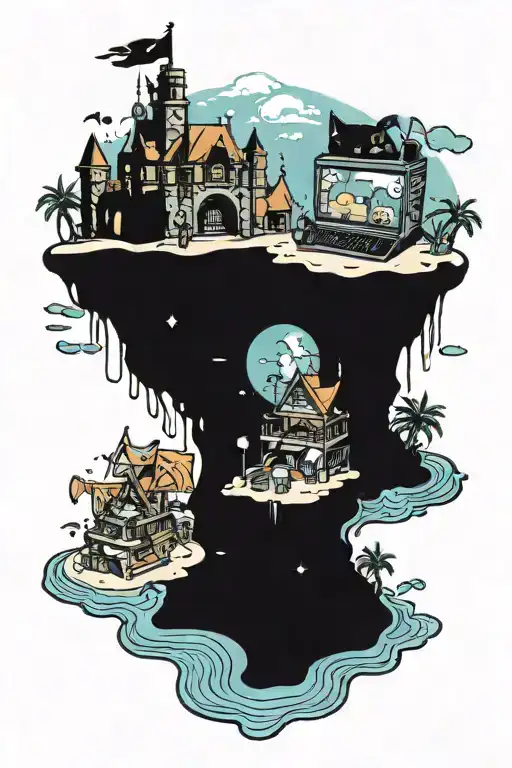 An anime-style tattoo of a beach scene with a giant cat-shaped sandcastle, surrounded by Magic cards and gaming consoles tattoo design idea