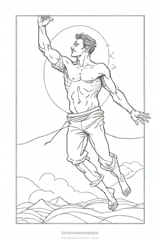 man with arms outstretched in 180 angle and rising into the sky tattoo design idea