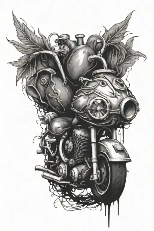 realistic heart and motorcyle headers tattoo design idea