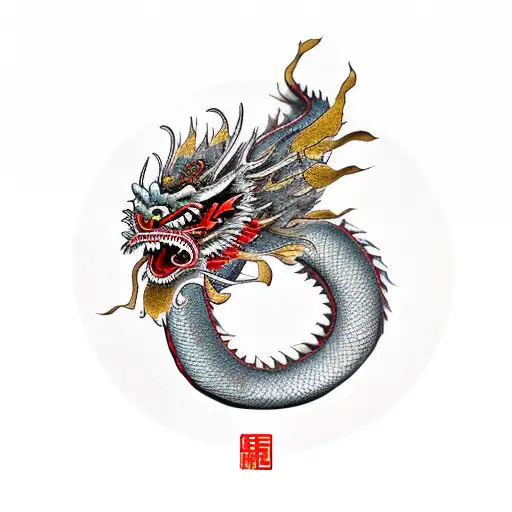 Chinese dragon meeting a girl with a red dress tattoo design idea