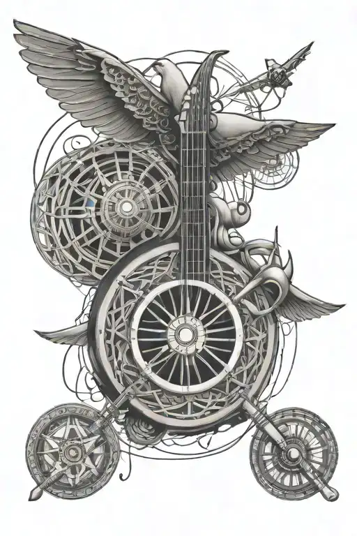 A stylized mandala   with guitar strings and airplane propellers, with gym and dicipline and family love  tattoo design idea