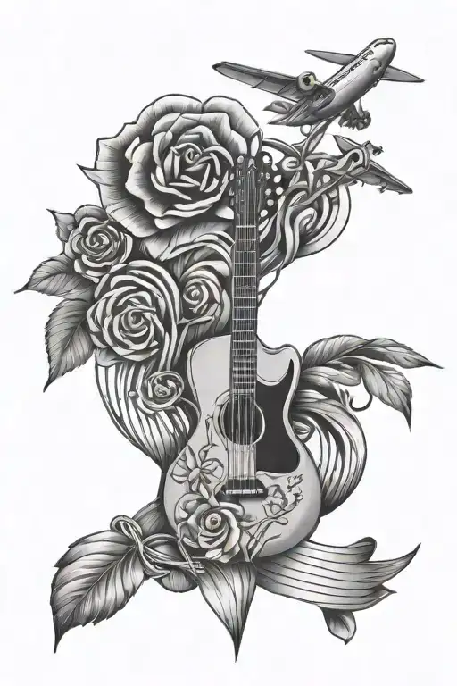 A stylized flower with guitar strings and airplane propellers, with gym and dicipline and family love  tattoo design idea