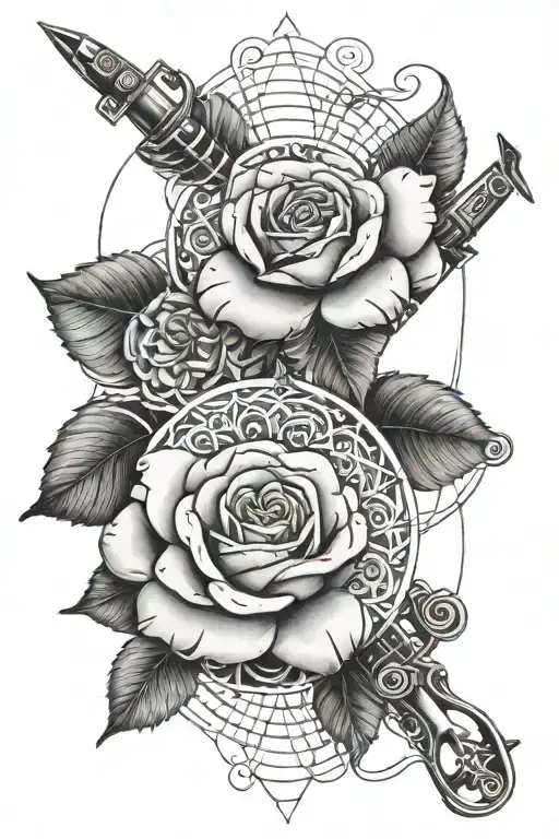 A stylized mandala rose with guitar strings and airplane propellers, symbolizing your love for exploration and dicipline tattoo design idea