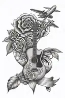 A stylized flower with guitar strings and airplane propellers, with gym and dicipline and family love  tattoo design idea