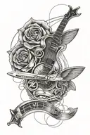 A stylized flower with guitar strings and airplane propellers, with gym and dicipline and family love  tattoo design idea