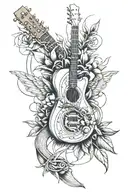 A stylized plant   with guitar strings and airplane propellers, with gym and dicipline and family love  tattoo design idea