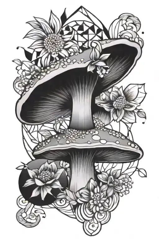 feminine flower mushroom crystal and geometric  Mandela  tattoo design idea