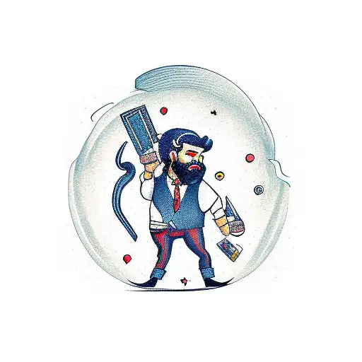 cartoon worker full body with beard tattoo design idea