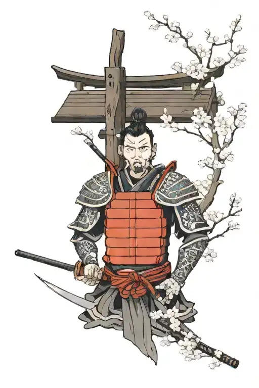 sakura trees and samurai body armour made tattoo design idea