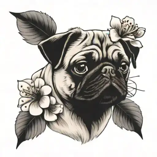 pug and Japanese cherry blossom tattoo design idea