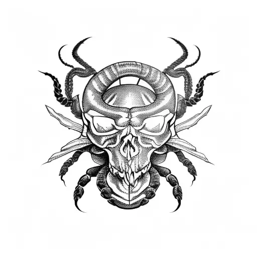 Scorpion with a raging skull with red eyes and flames coming out from its eyes as a head eating a snake that is eating a tattoo design idea