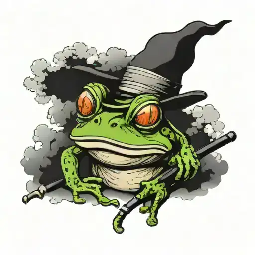 Frog with a strawhat smoking a pipe sitting inside clouds.  He has a katana  tattoo design idea
