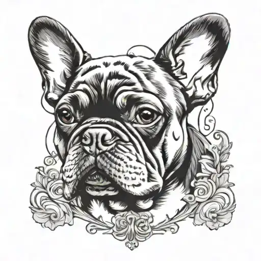 A tattoo design of a heart-shaped portrait of Stella the French Bulldog, with elements inspired by the writing styles of Machado de Assis and Clarice Lispector tattoo design idea