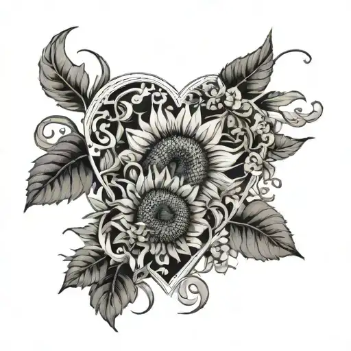 A tattoo design featuring elements from the works of Machado de Assis and Clarice Lispector intertwined with Van Gogh's iconic sunflowers, all centered around a heart symbol tattoo design idea
