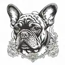A tattoo design of a heart-shaped portrait of Stella the French Bulldog, with elements inspired by the writing styles of Machado de Assis and Clarice Lispector tattoo design idea