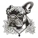 A tattoo design of a heart-shaped portrait of Stella the French Bulldog, with elements inspired by the writing styles of Machado de Assis and Clarice Lispector tattoo design idea