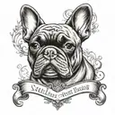A tattoo design of a heart-shaped portrait of Stella the French Bulldog, with elements inspired by the writing styles of Machado de Assis and Clarice Lispector tattoo design idea