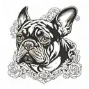 A tattoo design of a heart-shaped portrait of Stella the French Bulldog, with elements inspired by the writing styles of Machado de Assis and Clarice Lispector tattoo design idea