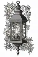 An Over The Garden Wall lantern glowing, broken chains below it. Around the lantern, vines and flowers, inside the lante tattoo design idea